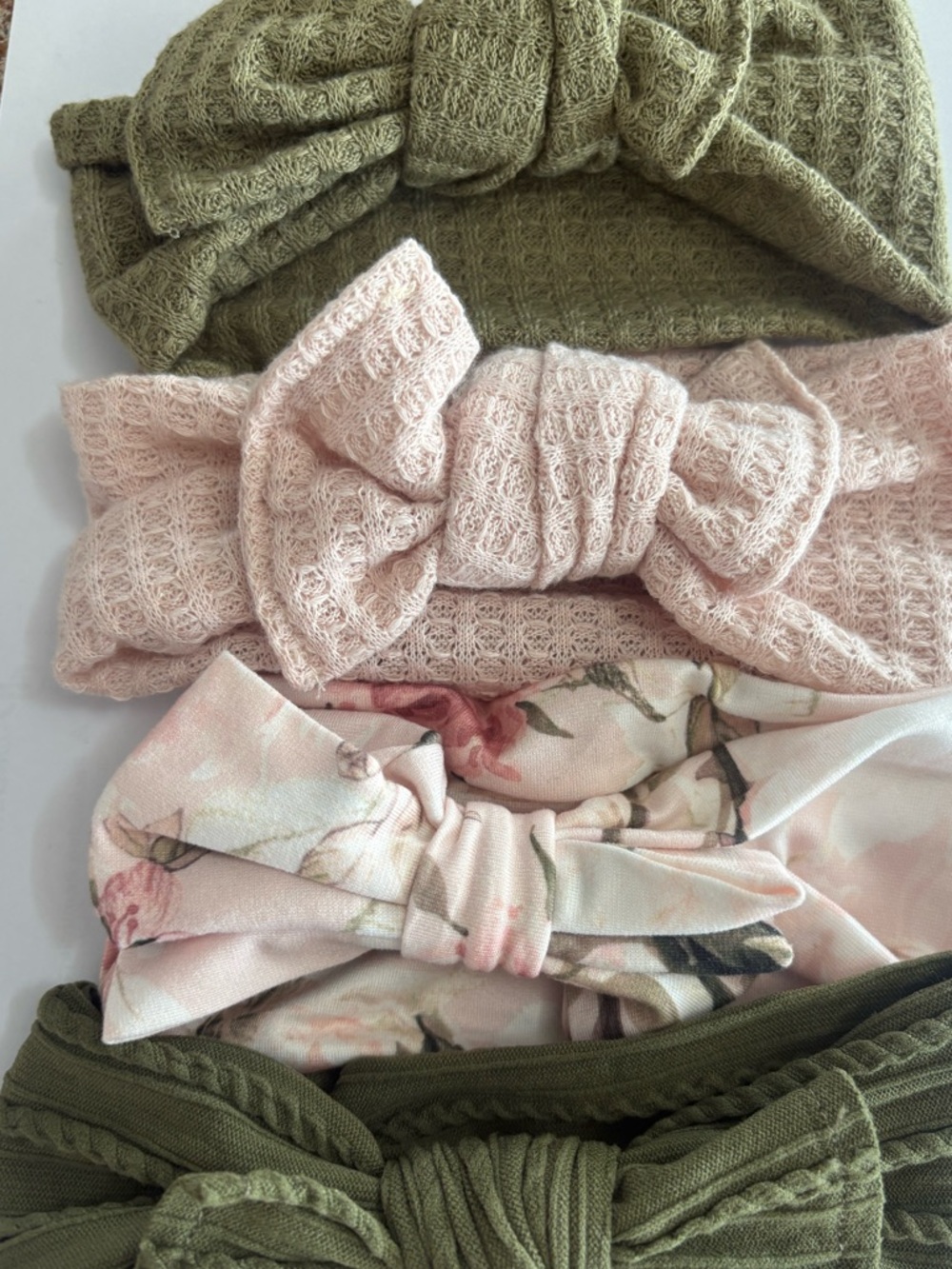 Set of Four Infant Knit Bow Headbands - Pink, Olive & Floral